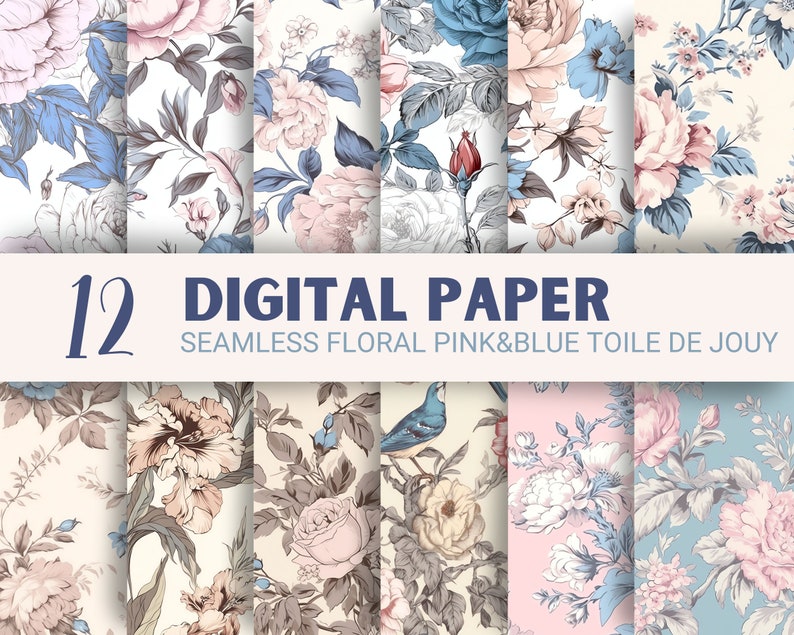 Seamless Pink and Blue Toile de Jouy Digital Paper Seamless French Pattern Scrapbook Paper Flower Seamless Bundle Commercial Use Patterns image 1