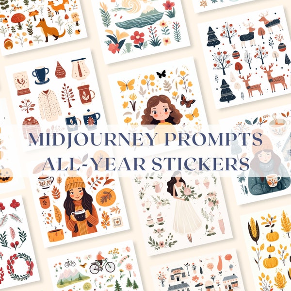 Midjourney Prompts Season Stickers AI Guide Journal Stickers Midjourney Prompts for Sticker Prompt Spring Summer Fall Winter Vector Prompt