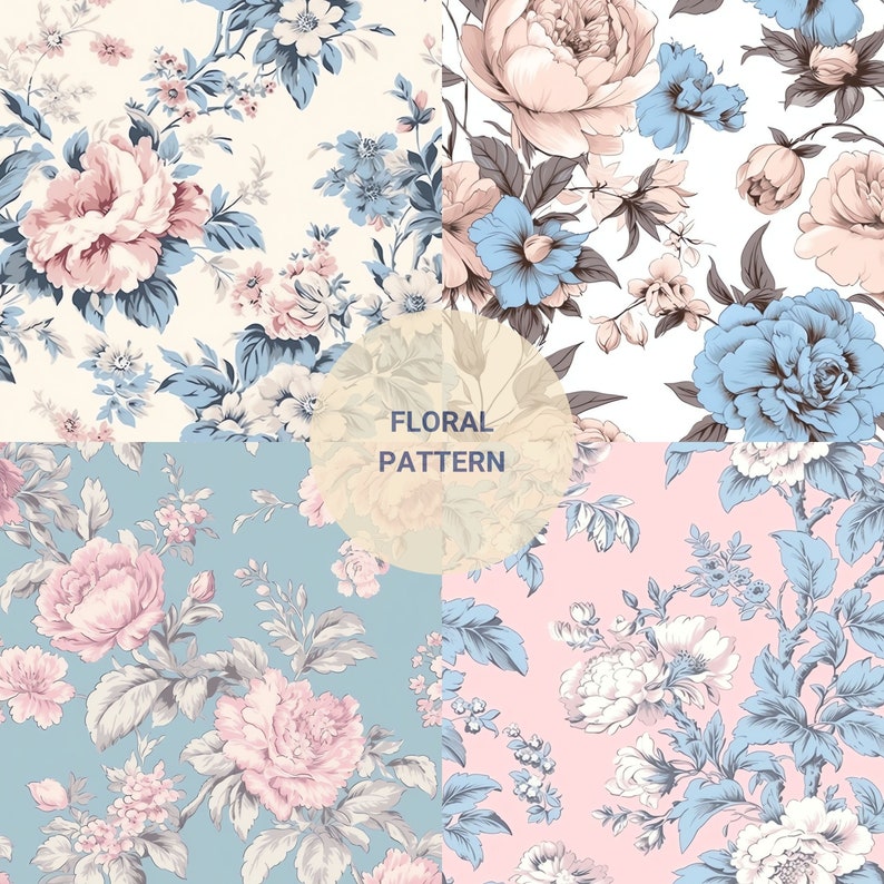 Seamless Pink and Blue Toile de Jouy Digital Paper Seamless French Pattern Scrapbook Paper Flower Seamless Bundle Commercial Use Patterns image 8