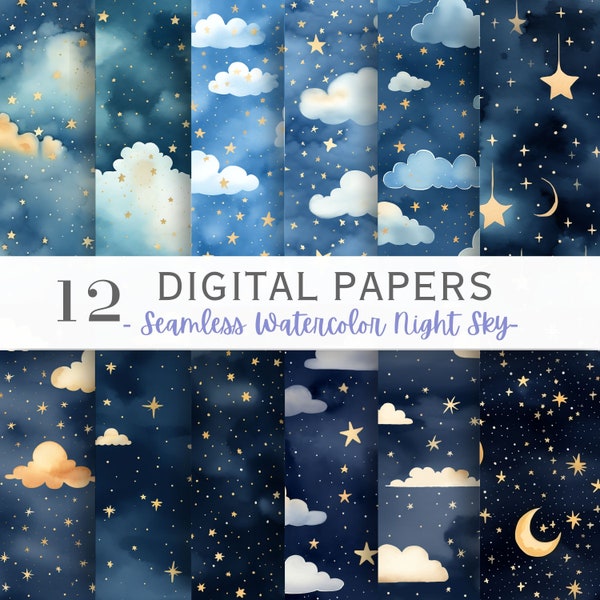 Seamless Watercolor Night Sky Pattern Starry Night Digital Paper Seamless Cloud Pattern Scrapbook Paper Bundle Commercial Use Dreamy Paper