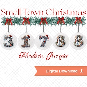 Corona navideña personalizada con números PNG / Diseño de sublimación de código postal de pueblo pequeño / Elegante guirnalda con archivo DTF
