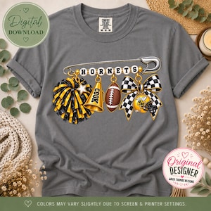 Cook County Hornets PNG Adel Georgia Cheer Football Épingle de sûreté noire et or Esprit scolaire Jour de match Mascotte Nœud Art par sublimation Téléchargement numérique