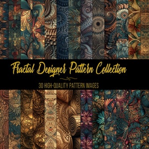 May include: A collection of 30 high-quality digital pattern images featuring intricate fractal designs in shades of gold, brown, and teal. The patterns are perfect for use in digital scrapbooking, web design, and other creative projects.