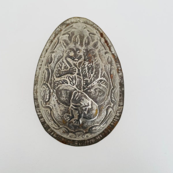 Antique Chocolate Easter Egg Mold with Two Rabbits and a Frog