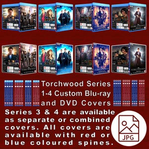 Puede incluir: Carátulas personalizadas de Blu-ray y DVD para la serie de televisión Torchwood. Las carátulas presentan el logotipo y los personajes de la serie. Las series 3 y 4 están disponibles como carátulas separadas o combinadas. Todas las carátulas están disponibles con lomo rojo o azul.