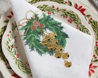 White Linen Christmas Embroidered Napkins &quot;Wreath with bells&quot;. Set of 6 pcs 40x40 cm 16x16 in. Premium Holiday Table Decor. Christmas Gift.