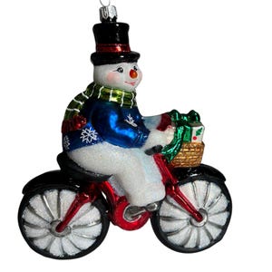 Glass Christmas Ornament - Snowman on bike. Collectible Bauble. Blown glass ornament. Christmas Tree Decoration. Handmade in Europe