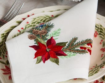 White Linen Christmas Embroidered Napkins &quot;Poinsettia&quot;. Set of 6 pcs - 40x40 cm 16x16 in. Premium Holiday Table Decor. Christmas Gift.