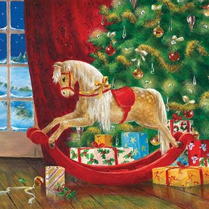 Tovaglioli di carta natalizi a forma di cavallo a dondolo, 20 pezzi, 25 x 25 cm. Tovaglioli per: tavola, decoupage, veline, collage, scrapbooking. Prodotto in Europa.