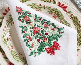 White Linen Christmas Embroidered Napkins &quot;Tree with ribbon&quot;. Set of 6 pcs - 40x40 cm 16x16 in. Premium Holiday Table Decor. Christmas Gift.