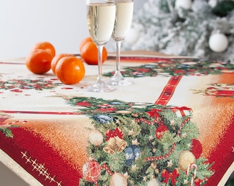 Tapestry Christmas tablecloth &quot;Christmas trees and gifts&quot;. Christmas table linens. Winter holiday decorations. Christmas gift. Home decor.