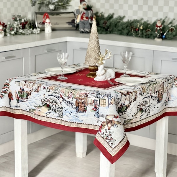 Nappe de Noël en tapisserie « Le temps avant Noël ». Linge de table de Noël. Décorations de vacances d'hiver. Cadeau de Noël. Décoration d'intérieur.