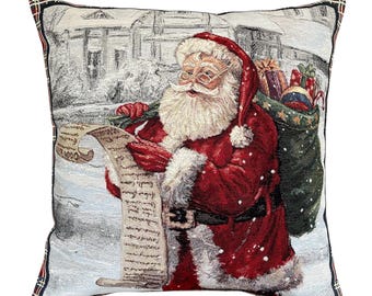 Federa per cuscino natalizia Tapestry "Babbo Natale con lista" 45 x 45 cm 18 x 18 pollici. Federa decorativa per cuscino invernale. Regalo per le feste di Natale.