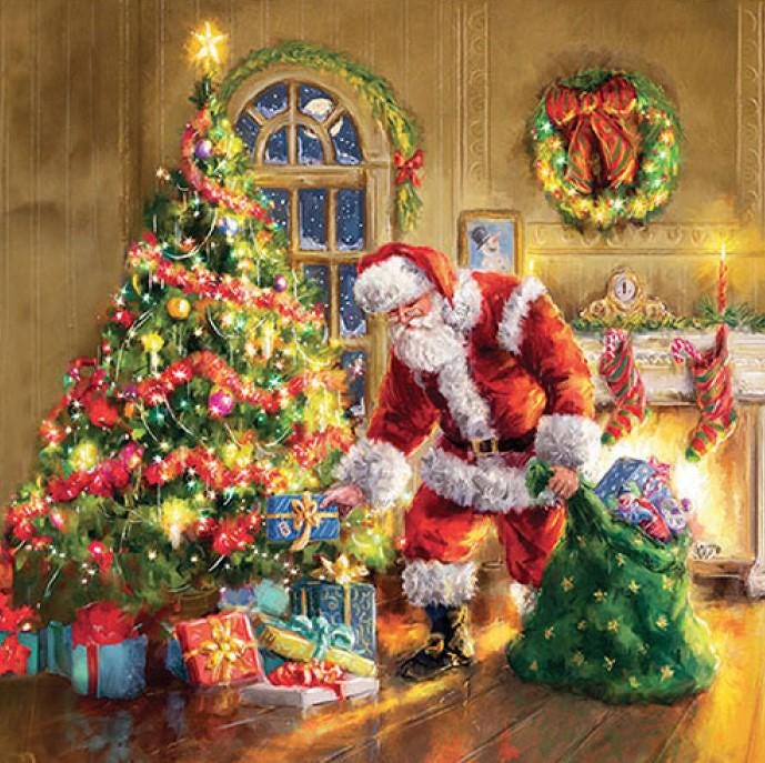 Christmas paper napkins Santa and tree 20 pcs 25x25 cm. Napkins for: Dining, Decoupage, Craft Tissue, Collage, Scrapbook. Made in Europe