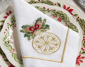 White Linen Christmas Embroidered Napkins &quot;Gold ornaments&quot;. Set of 6 pcs 40x40 cm 16x16 in. Premium Holiday Table Decor. Christmas Gift.