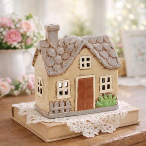 Könnte beinhalten: Ein Keramikhaus mit einem steinartigen Dach, einer braunen Tür und kleinen Fenstern. Das Haus steht auf einem Buch mit einer Spitzendecke. Ein kleiner Schornstein und ein Miniaturzaun sind ebenfalls zu sehen. Das Haus ist in neutralen Tönen gehalten.
