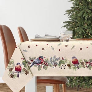 Tapestry Christmas tablecloth &quot;Winter birds&quot;. Christmas table linens. Winter holiday decorations. Christmas gift. Home decor.