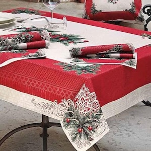 Tapestry Christmas tablecloth &quot;Comfortable Christmas&quot; red. Christmas table linens. Winter holiday decorations. Christmas gift. Home decor.