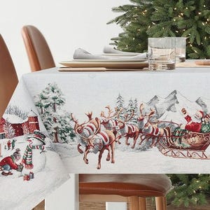 Tapestry Christmas tablecloth &quot;Santa in his Sleigh&quot;. Christmas table linens. Winter holiday decorations. Christmas gift. Home decor.