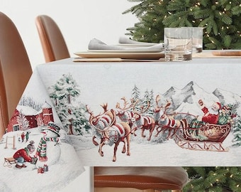 Tapestry Christmas tablecloth &quot;Santa in his Sleigh&quot;. Christmas table linens. Winter holiday decorations. Christmas gift. Home decor.