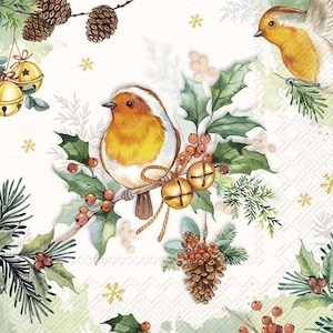 Tovaglioli di carta natalizi Robin, 20 pezzi, 33 x 33 cm. Tovaglioli per: tavola, decoupage, veline, collage, scrapbooking. Prodotto in Europa.