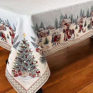 Tapestry Christmas tablecloth "Santa and children". Christmas table linens. Winter holiday decorations. Christmas gift. Home decor.