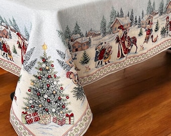 Tapestry Christmas tablecloth &quot;Santa and children&quot;. Christmas table linens. Winter holiday decorations. Christmas gift. Home decor.