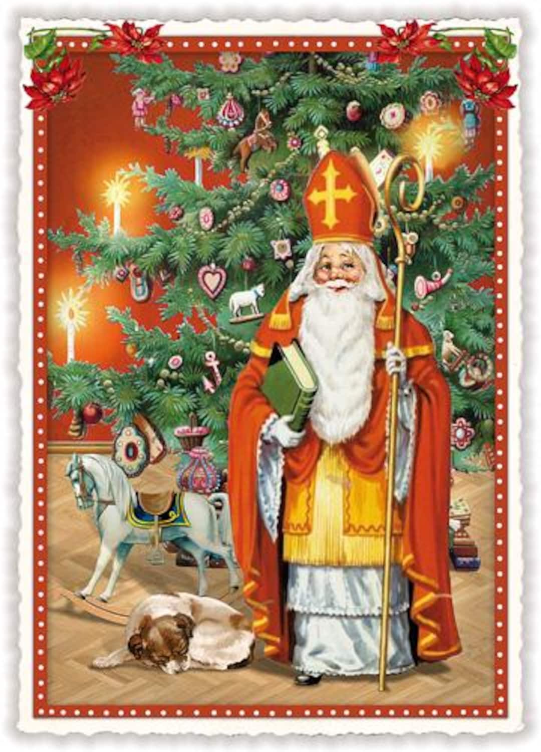 Nostalgic Christmas Postcard - St. Nicholas at the Christmas Tree
