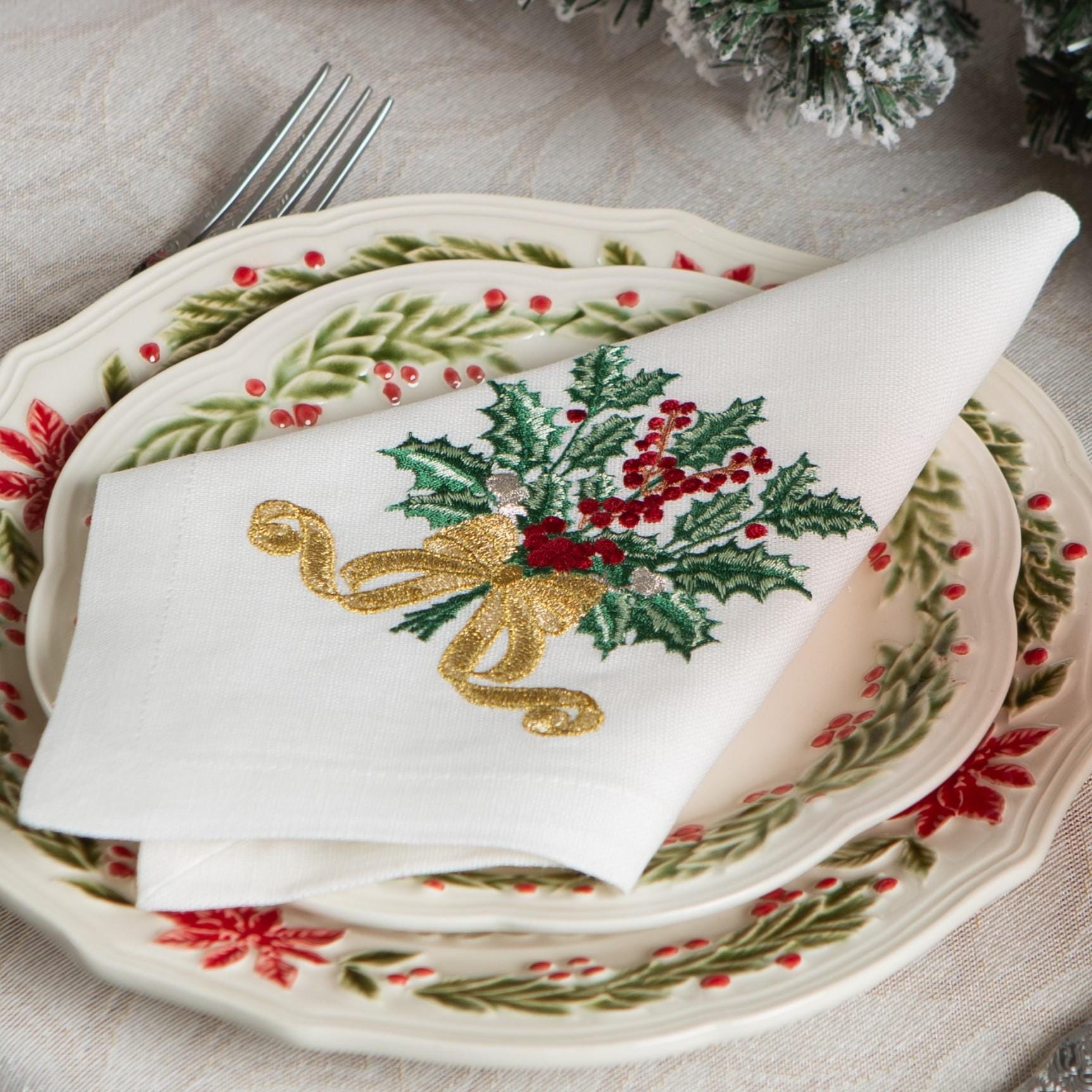White Linen Christmas Embroidered Napkins "Holly Bouquet". Set of 6 pcs 40x40 cm 16x16 in. Premium Holiday Table Decor. Christmas Gift.