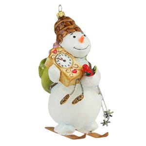 Glass Christmas Ornament - Snowman with a clock. Collectible Bauble. Blown glass ornament. Christmas Tree Decoration. Handmade in Europe