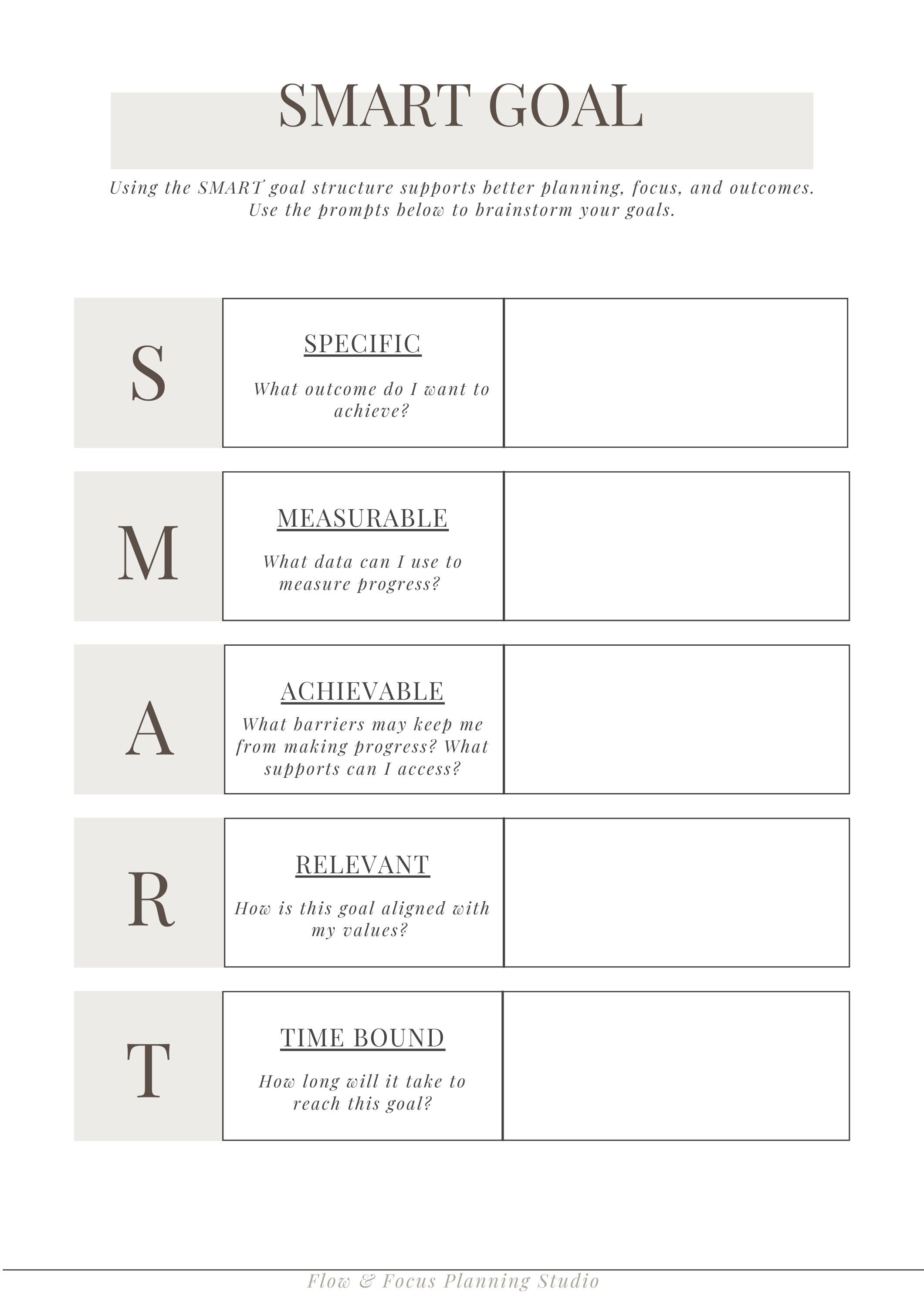 SMART Goal Printable Checklist and Worksheet Goal Planner, Therapy ...