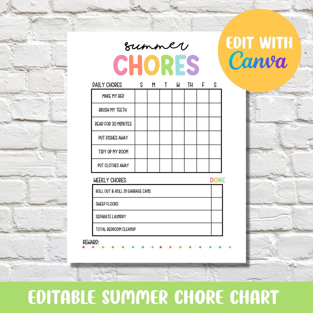 Printable Editable Summer Chore Chart Printable Chore Chart Etsy