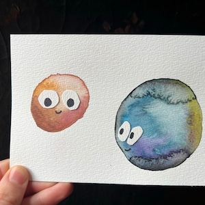 GRAVITY - Original hand painted watercolor art, planets, space, earth, venus, wall room decor, not a print, painting, funny, gift, children