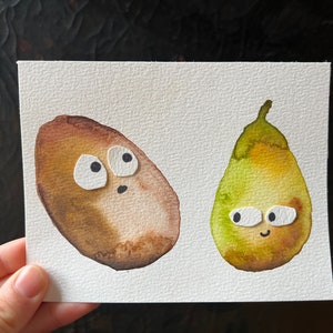 OH - Original hand painted watercolor art, potato, pear, fruit, food, wall room decor, not a print, painting, funny, gift, for children