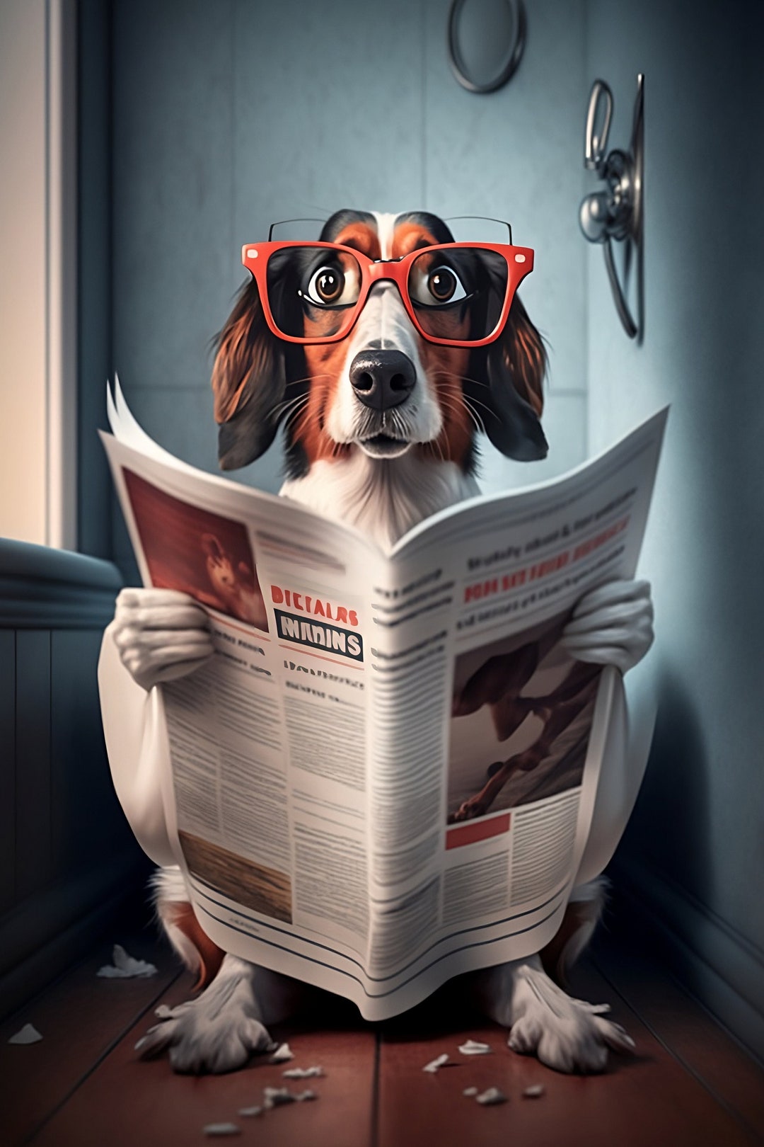 Dog on Toilet Reading Newspaper Wearing Glasses Bathroom Etsy