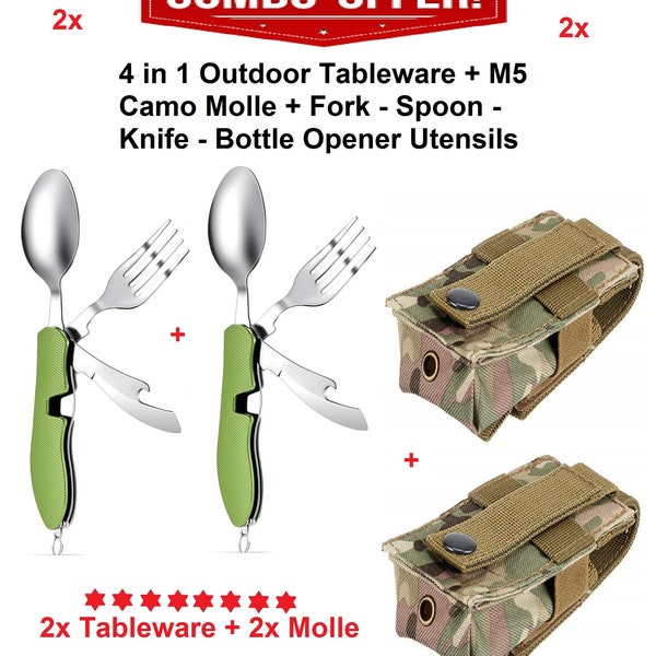 4 in 1 Outdoor Green Tableware Fork-Spoon-Knife-Bottle Opener + M5 Camo Molle