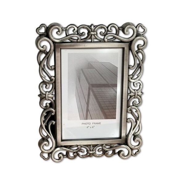 VINTAGE pewter frame | SILVER French ornamental design decor | METAL photo frame lacquer coated 4" by 6" photo frame 4x6 90s brand display