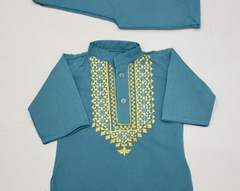 Teal Colour Afghan Baby Clothes | Traditional Clothes | Shalwar Kameez | Yakhan Dozi | Eid Clothes | Embroided Afghan Pakistani