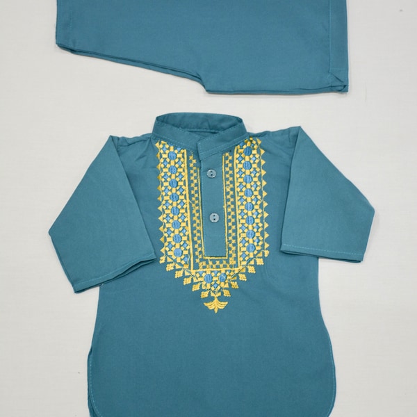 Teal Colour Afghan Baby Clothes | Traditional Clothes | Shalwar Kameez | Yakhan Dozi | Eid Clothes | Embroided Afghan Pakistani