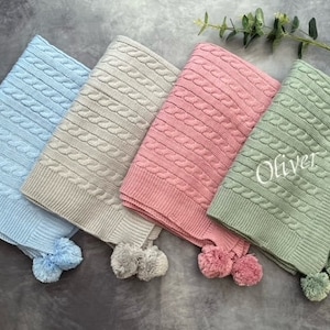 Personalised Cable Knit Baby Blanket with Pom Poms