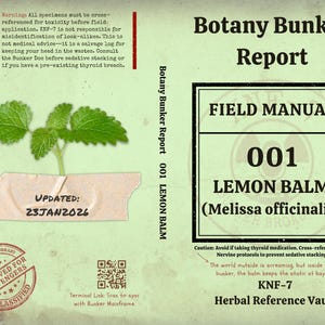 Op de afbeelding: Een botanisch rapport met de titel "Botany Bunker Report 001 Lemon Balm". De afbeelding toont een citroenmelisseplant, een veldhandleiding en tekst, waaronder "Updated: 23JAN2026" en waarschuwingen over toxiciteit en schildkliermedicatie.