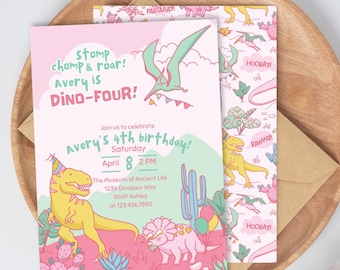 Girls Dinosaur 4th Birthday Invitation Template Editable Jurassic Birthday Invitation Girl Dino Party Editable Digital Template