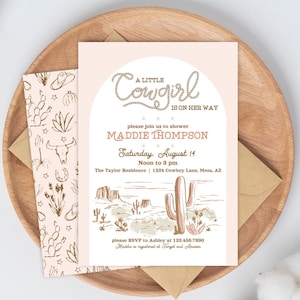 Modello di invito per baby shower con cactus del deserto della piccola cowgirl Modello di invito per baby shower in stile western Modello di invito per baby shower modificabile Canva Modello di invito per cowgirl