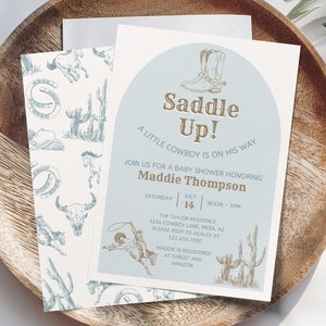 Modello di invito per baby shower da cowboy Modello di invito per baby shower western Modello di invito per baby shower da rodeo Modello modificabile Download immediato Baby cowboy blu