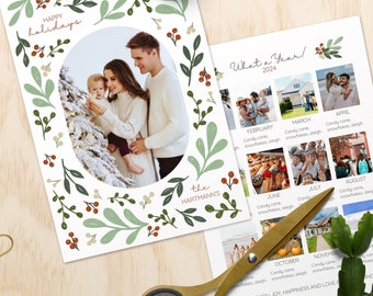 May include: A holiday card with a family photo, surrounded by green leaves and red berries. The card says "Happy Holidays" and "What a Year 2024". The words "Instant Download" are also visible.