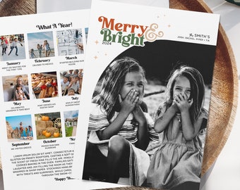 May include: A holiday card with a black and white photo of two girls covering their mouths. The card reads "Merry & Bright 2024" in red and green. A second card features a year-in-review with photos and text.