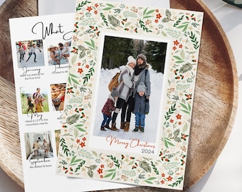 Christmas Year in Review Floral Border Template Christmas Family Photo Editable Greeting Card Year in Review Christmas Card Template