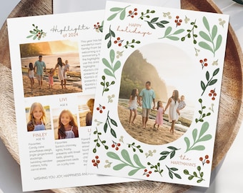 Christmas Newsletter Floral Border Template Christmas Family Photo Editable Greeting Card Year in Review Christmas Template Yearly Highlight