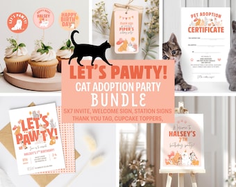 Kitten Adoption Birthday Party Bundle Set – Printable Cat-Themed Decorations & Signs for Adopt-A-Kitten Bday party, Kitty Birthday Party Set
