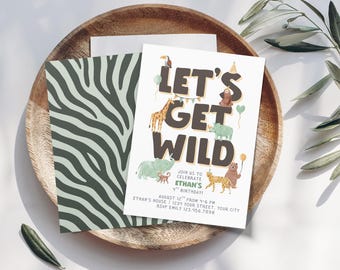 Let’s Get Wild Birthday Party Invitation | Canva Editable Template | Jungle Animal Theme | Instant Download